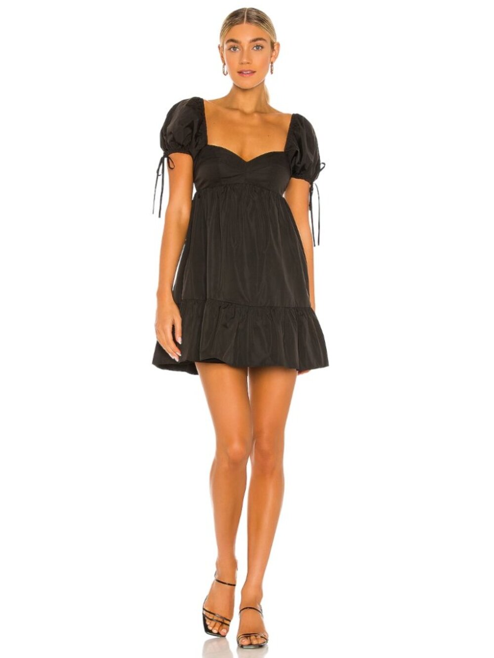 Amanda Uprichard Sicily Dress Black Puff Sleeve Babydoll Mini Tiered Size XS